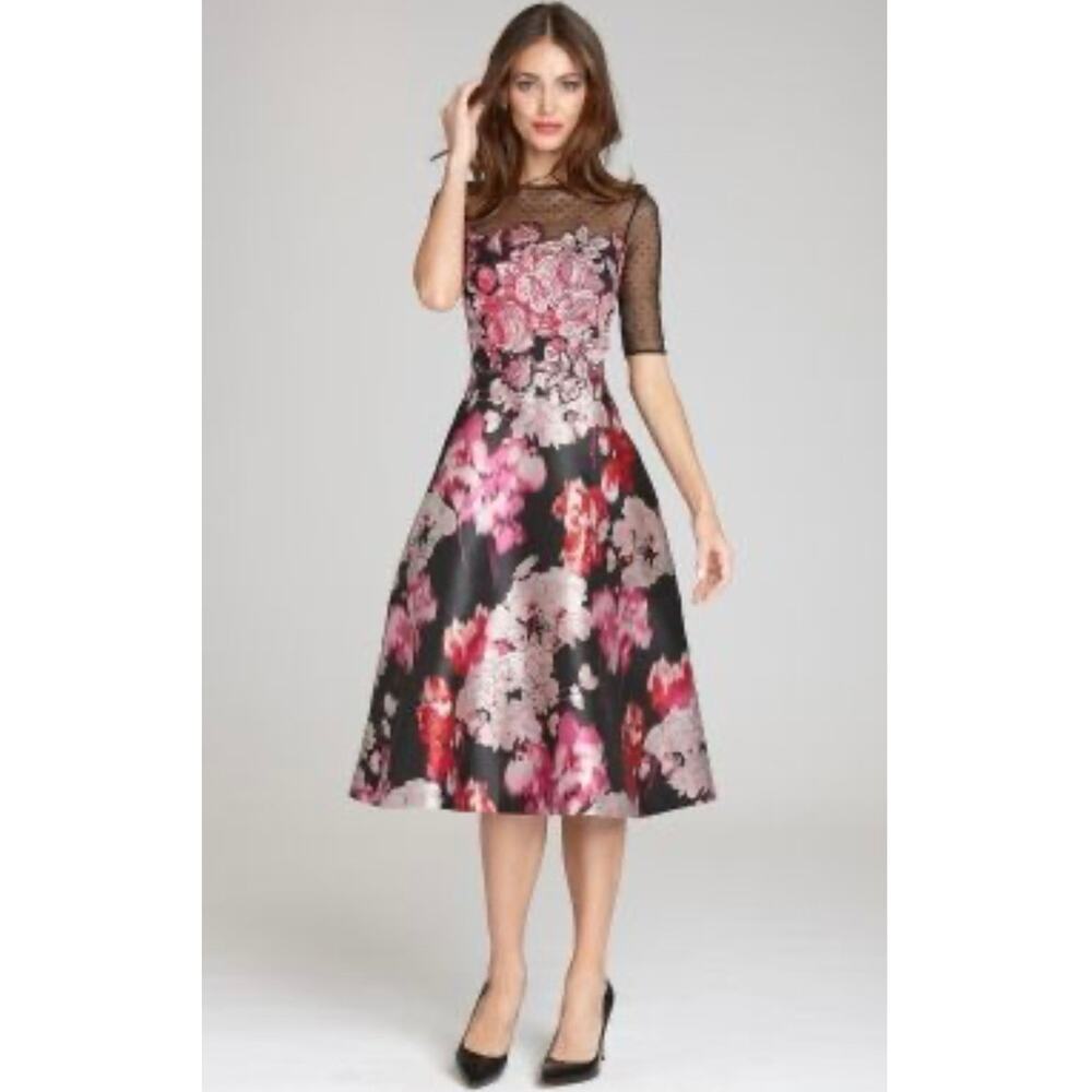 Rickie Freeman Teri Jon Silk Floral Brocade Formal Midi Dress Black Pink 6 NWT